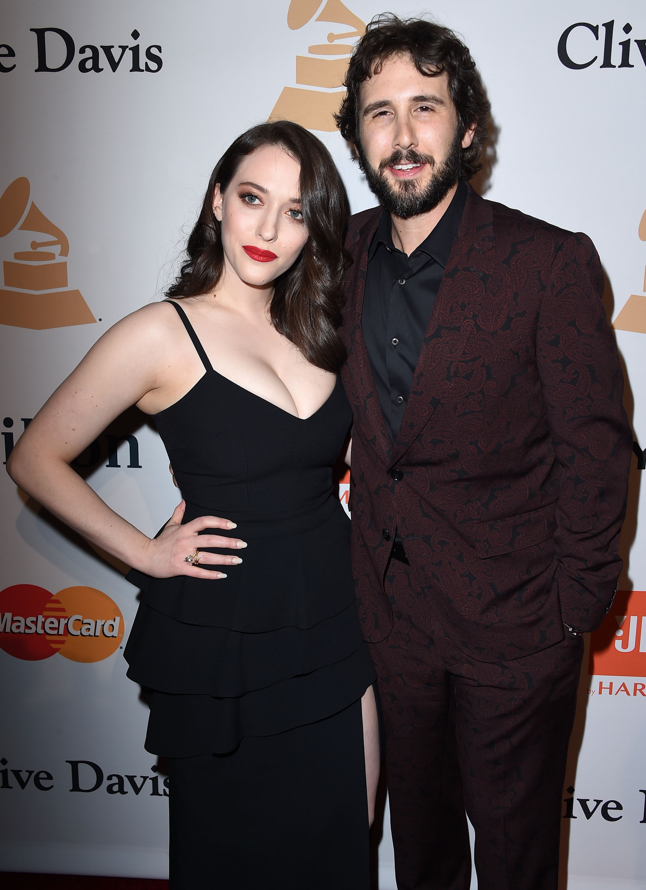 Kat Dennings and Josh Groban arrive at the 2016 Pre-GRAMMY Gala And Salute to Industry Icons Honoring Irving Azoff at The Beverly Hilton Hotel on February 14, 2016, in Beverly Hills City. | Source: Getty Images