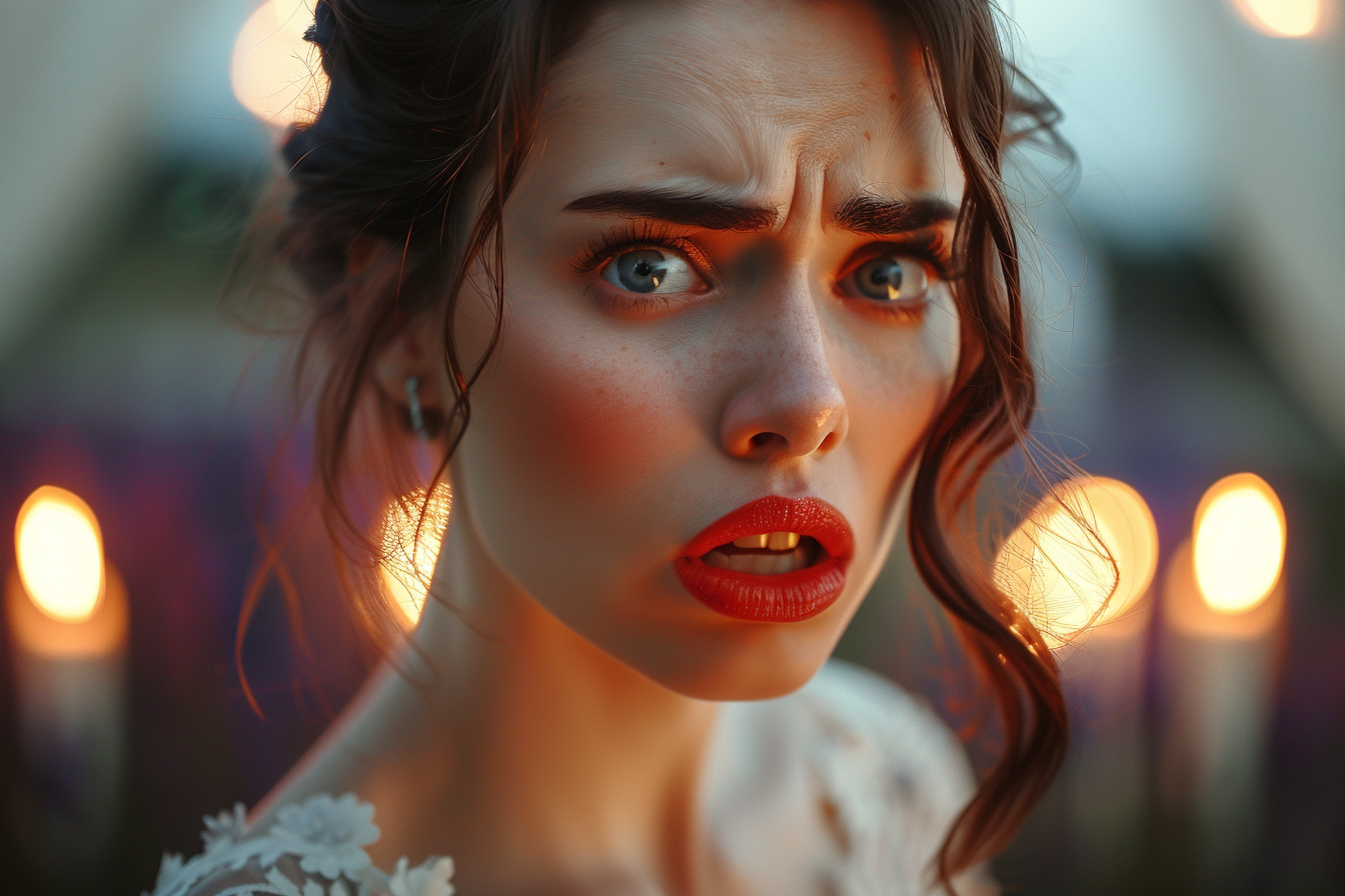 A close-up of a mortified bridesmaid | Source: Midjourney