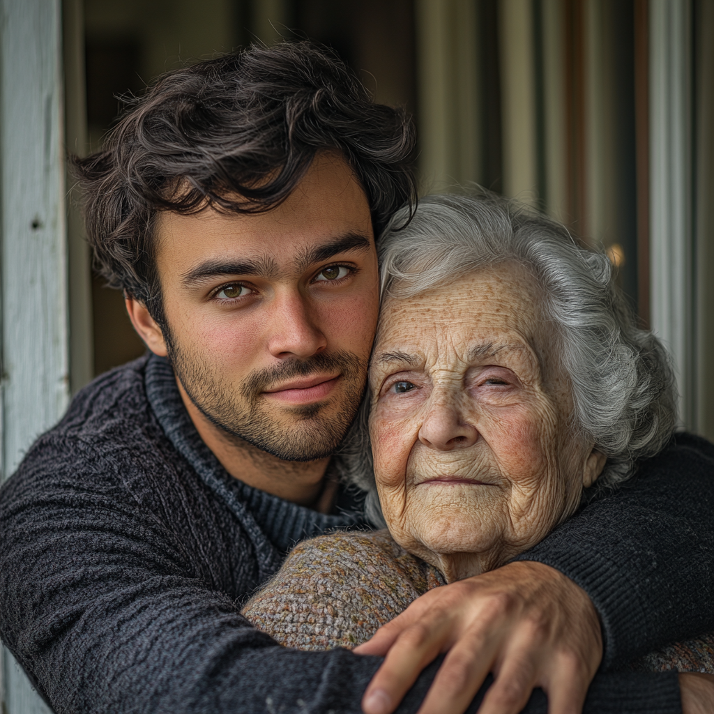 An elderly woman with her son | Source: Midjourney