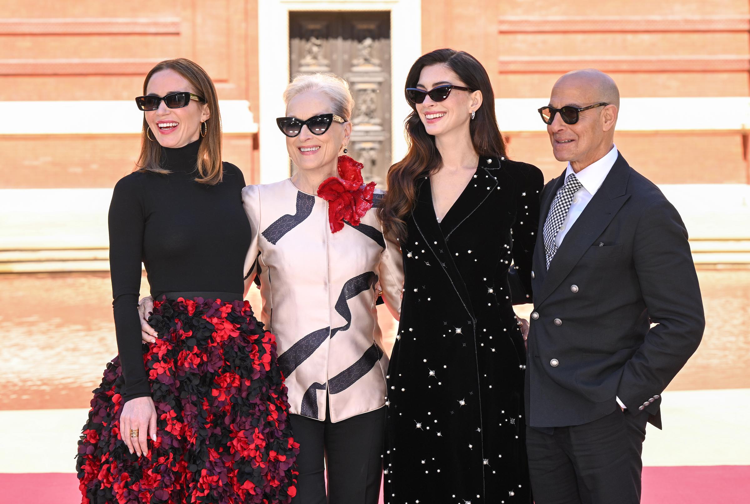Emily Blunt, Meryl Streep, Anne Hathaway and Stanley Tucci attend the UK Photocall of 20th Century Studios' 'The Devil Wears Prada 2' at the V&A South Kensington, London on April 24, 2026. | Source: Getty Images