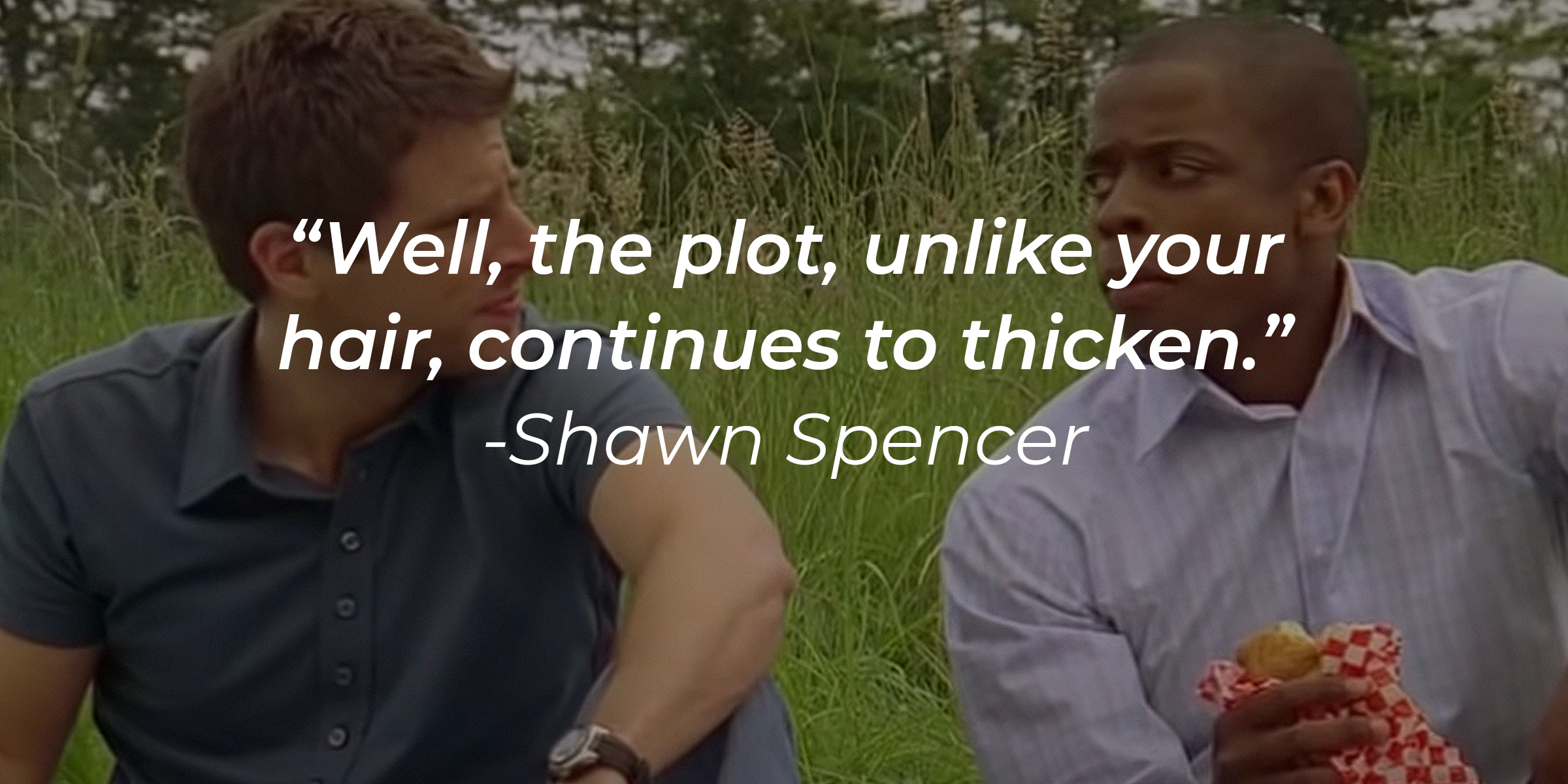 Shawn Spencer with his quote: "Well, the plot, unlike your hair, continues to thicken." | Source: youtube.com/Psych