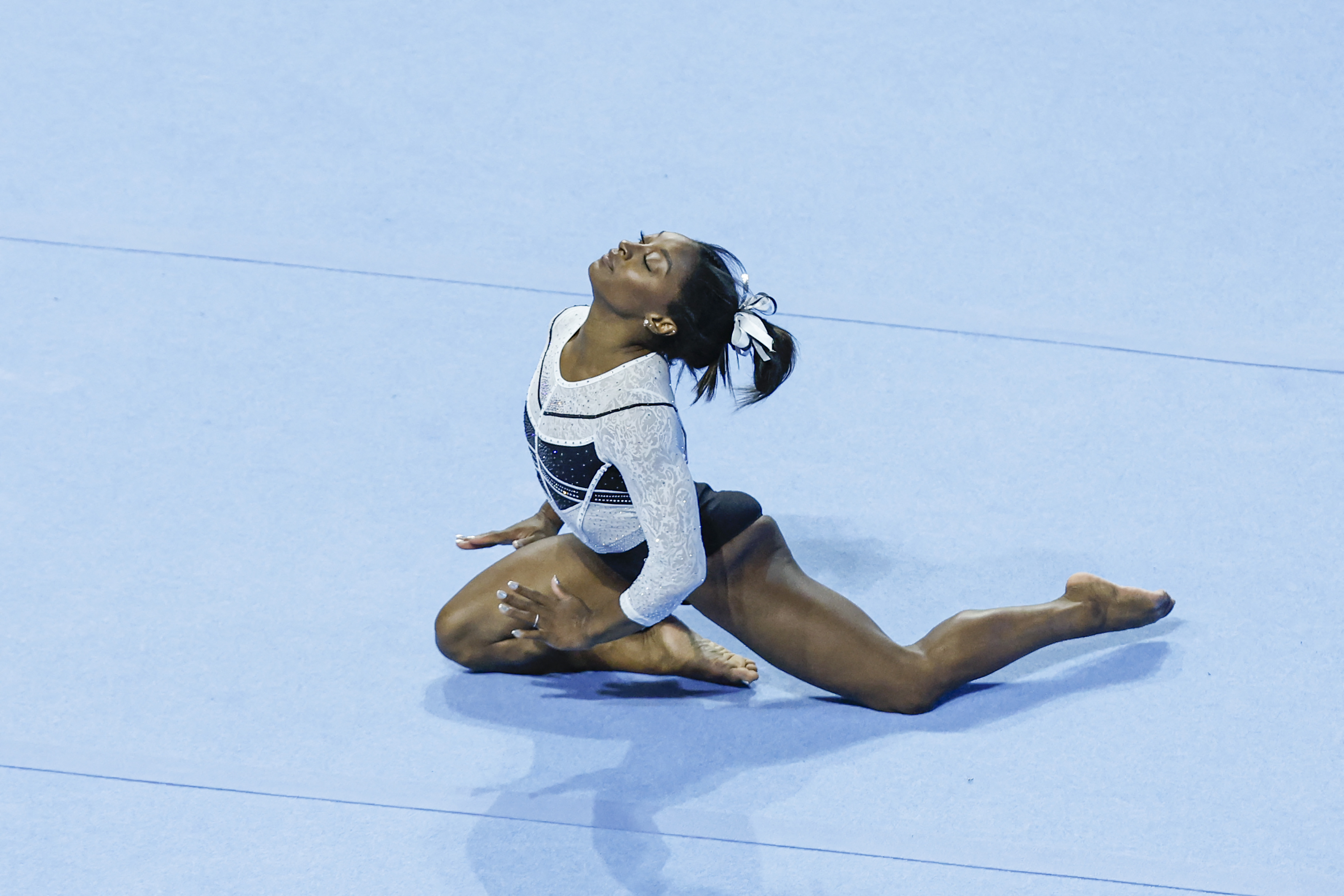 Simone Biles performs on the on the floor, during the 39th edition of the US Classic gymnastics competition at Now Arena in Hoffman Estates, suburb of Chicago, Illinois, on August 5, 2023. | Source: Getty Images