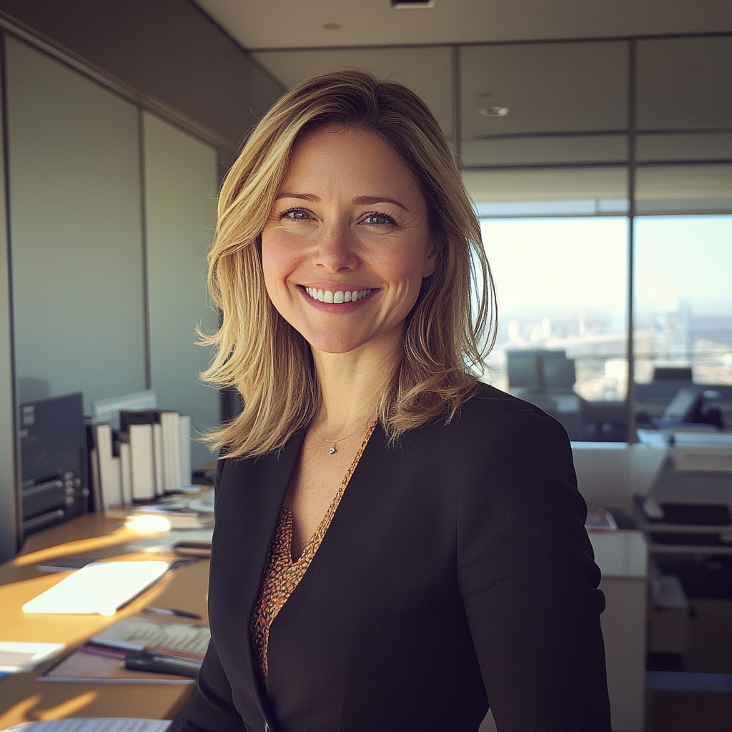 A smiling woman standing in an office | Source: Midjourney