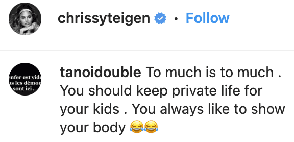 Chrissy Teigen'in Instagram hesabına yorum yapın, 2023 |  Kaynak: instagram.com/chrissyteigen/
