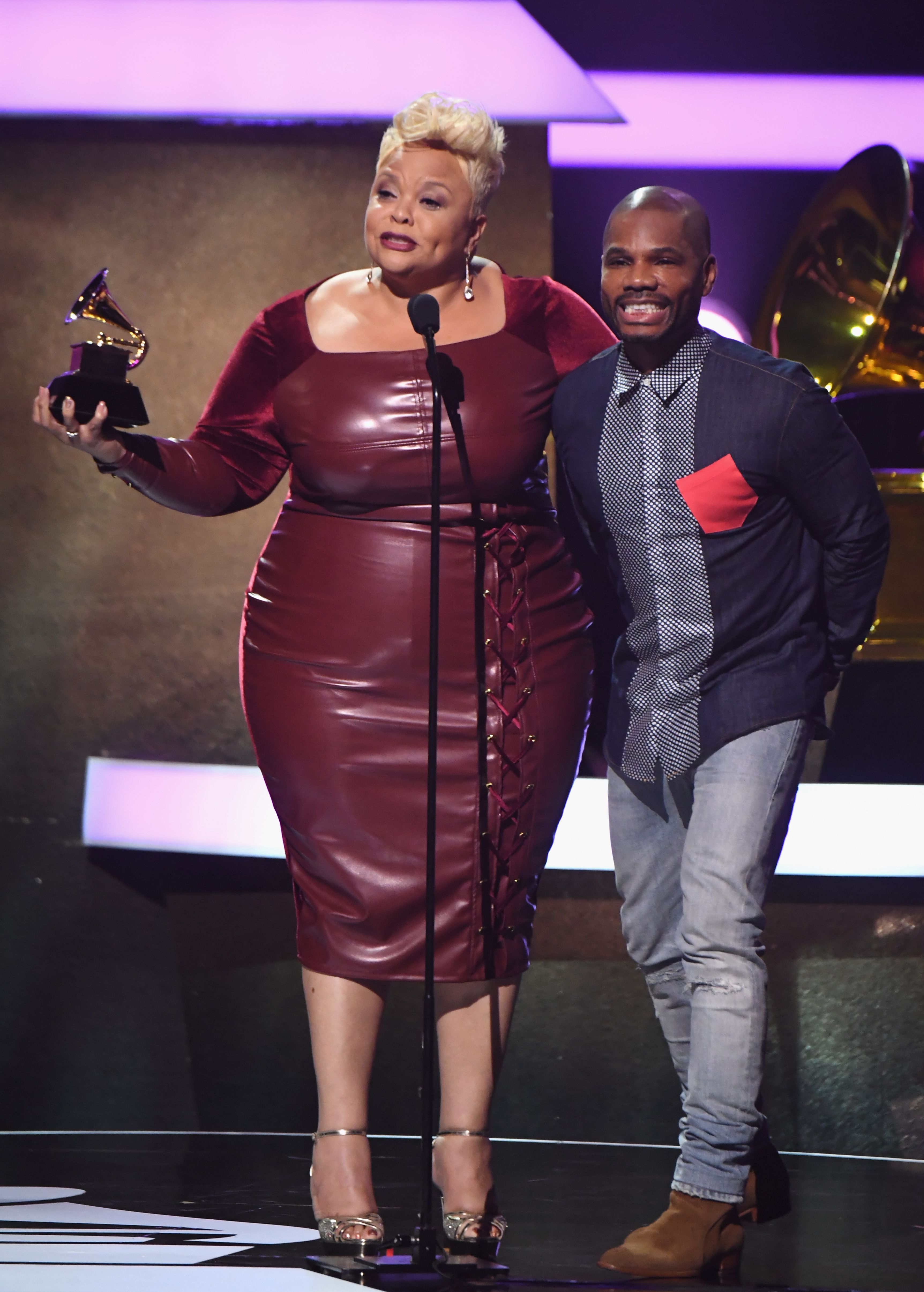 Tamela Mann and Kirk Franklin accepted the award for Best Gospel Performance/Song for 'God Provides' at the 59th Grammy Awards at Staples Center on February 12, 2017 | Photo: Getty Images