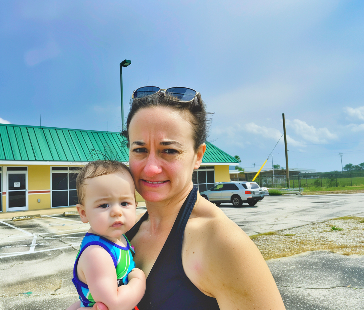 A woman holding her baby boy with a green-painted roof in the background | Source: Midjourney