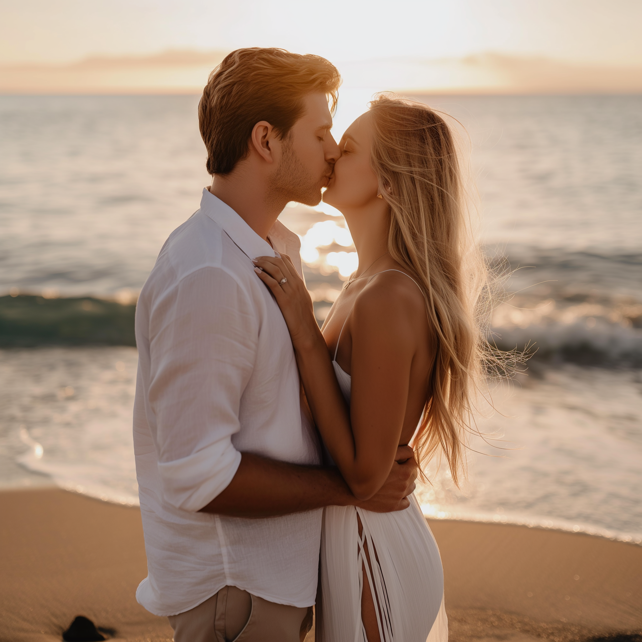 A couple sharing a kiss at the beach | Source: Midjourney