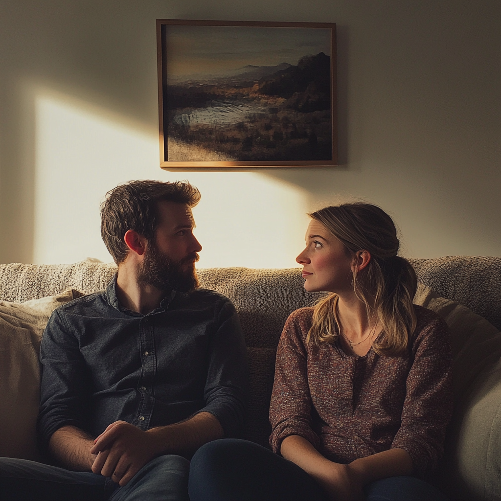 A couple sitting on a couch and looking at each other | Source: Midjourney