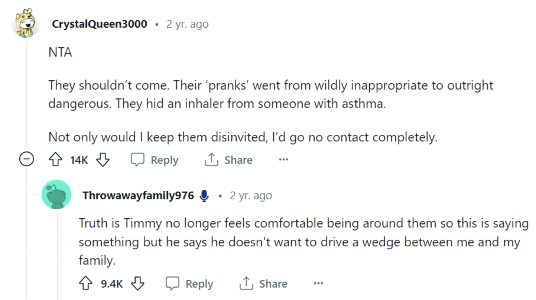 Screenshot of comments on a Reddit post. | Source: Reddit/AmItheAsshole