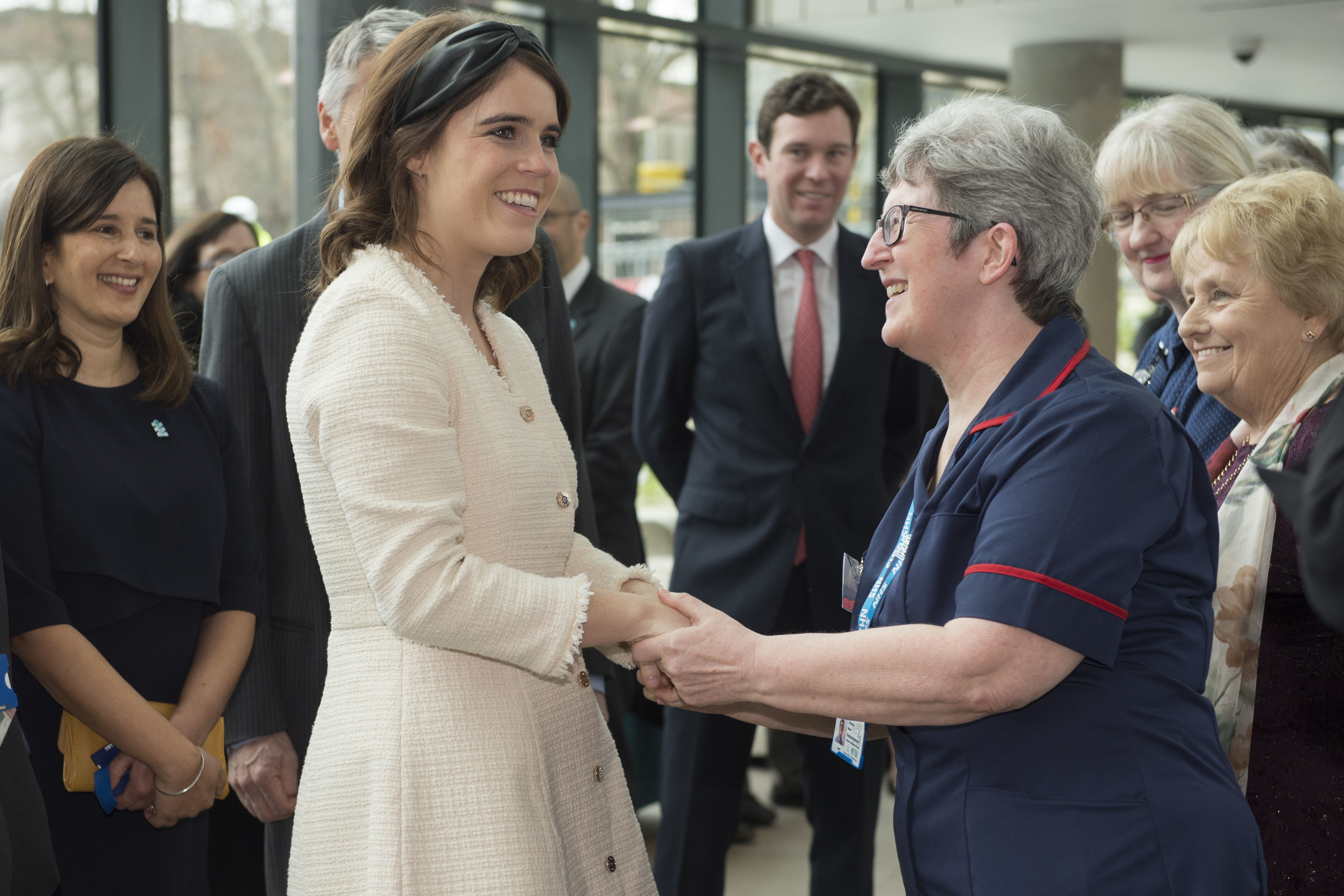 Princess Eugenie meets Ms. Christine Bows, who cared for her as a child, during a visit to open the new Stanmore Building at the Royal National Orthopaedic Hospital (RNOH) on March 21, 2019. | Source: Getty Images