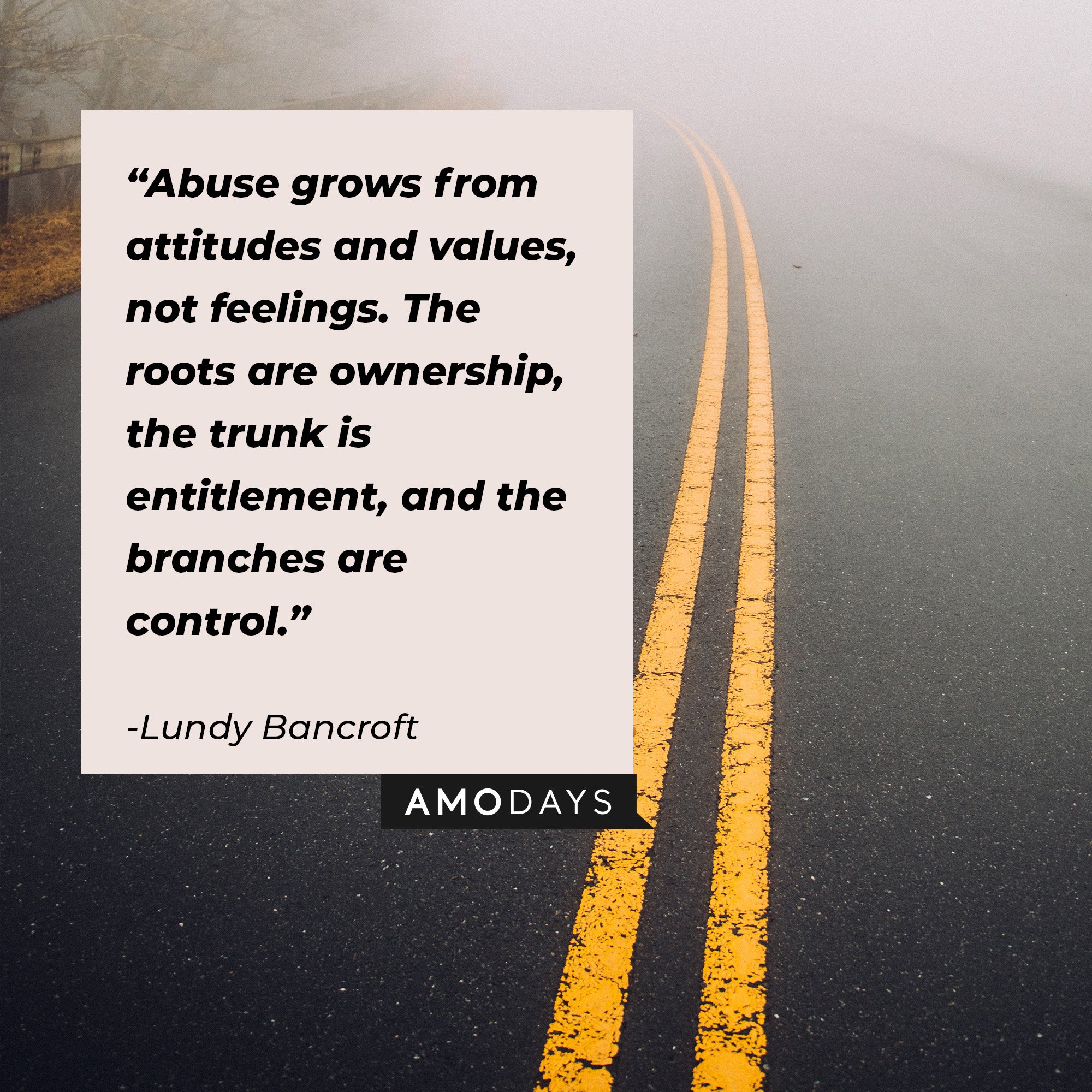 Lundy Bancroft’s quote: "Abuse grows from attitudes and values, not feelings. The roots are ownership, the trunk is entitlement, and the branches are control. " |  Image: AmoDays  
