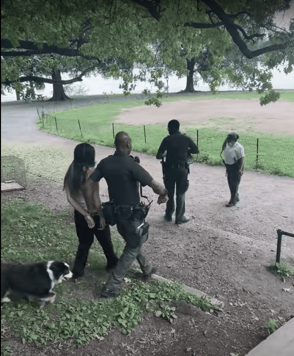 Dora Marchand walks handcuffed by New York park officers. | Source: youtube.com/WestSideRag