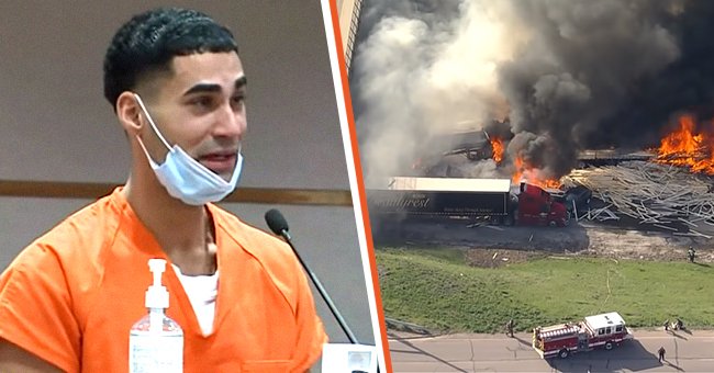 Aguilera-Mederos making his statement in court [left]; A fatal interstate crash [right]. │Source: youtube.com/CBS Denver