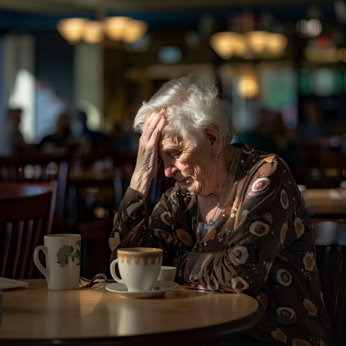 A very sad-looking elderly woman is sitting in a nursing home's café | Source: Midjourney