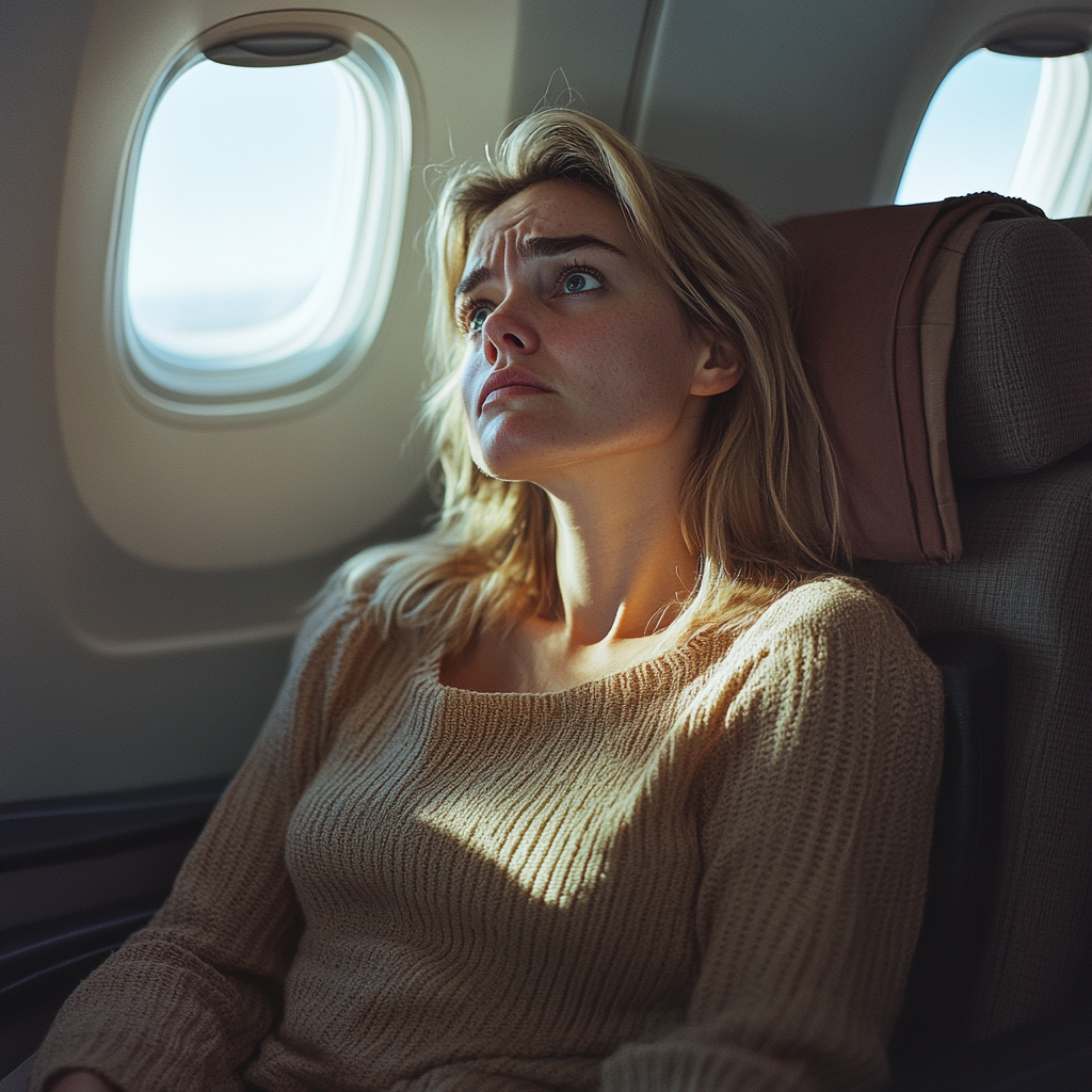 An upset woman getting ready to leave her airplane seat | Source: Midjourney