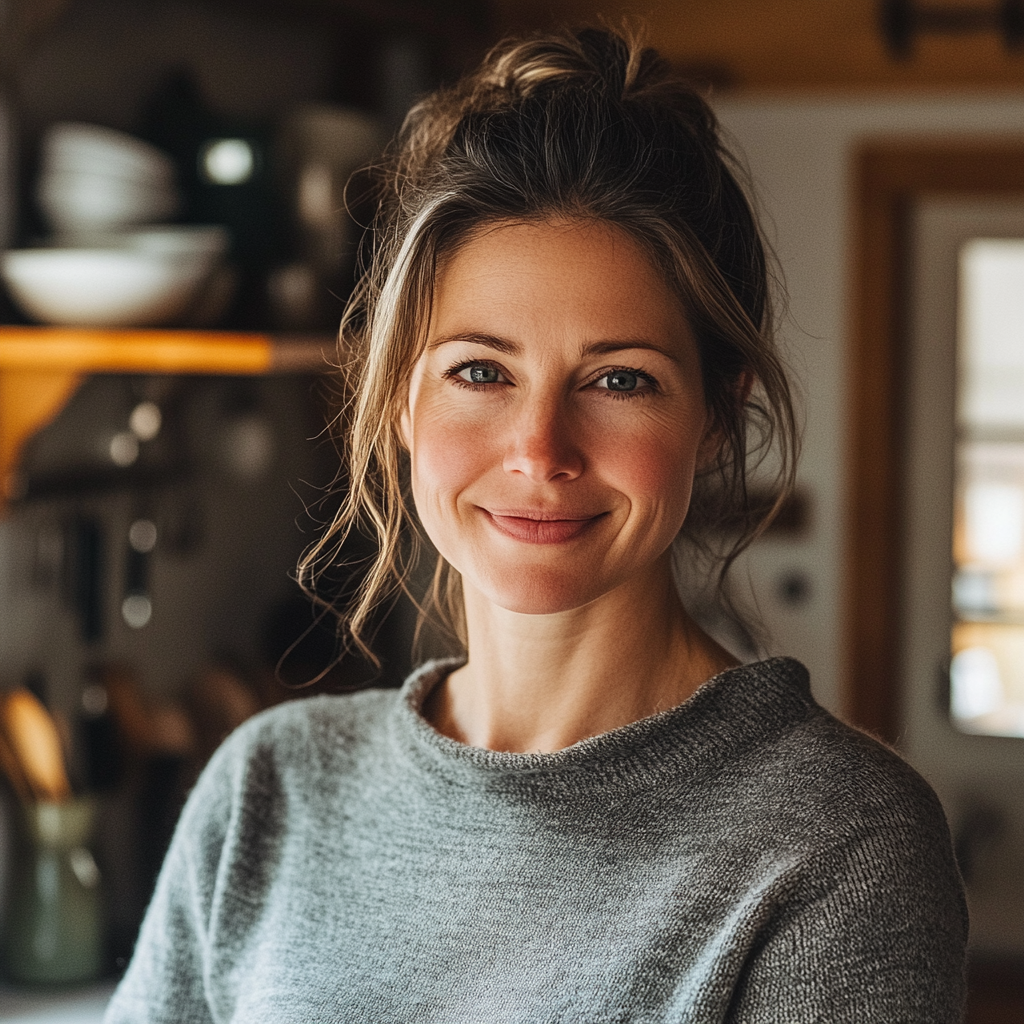 A woman forces a smile while standing in the kitchen | Source: Midjourney