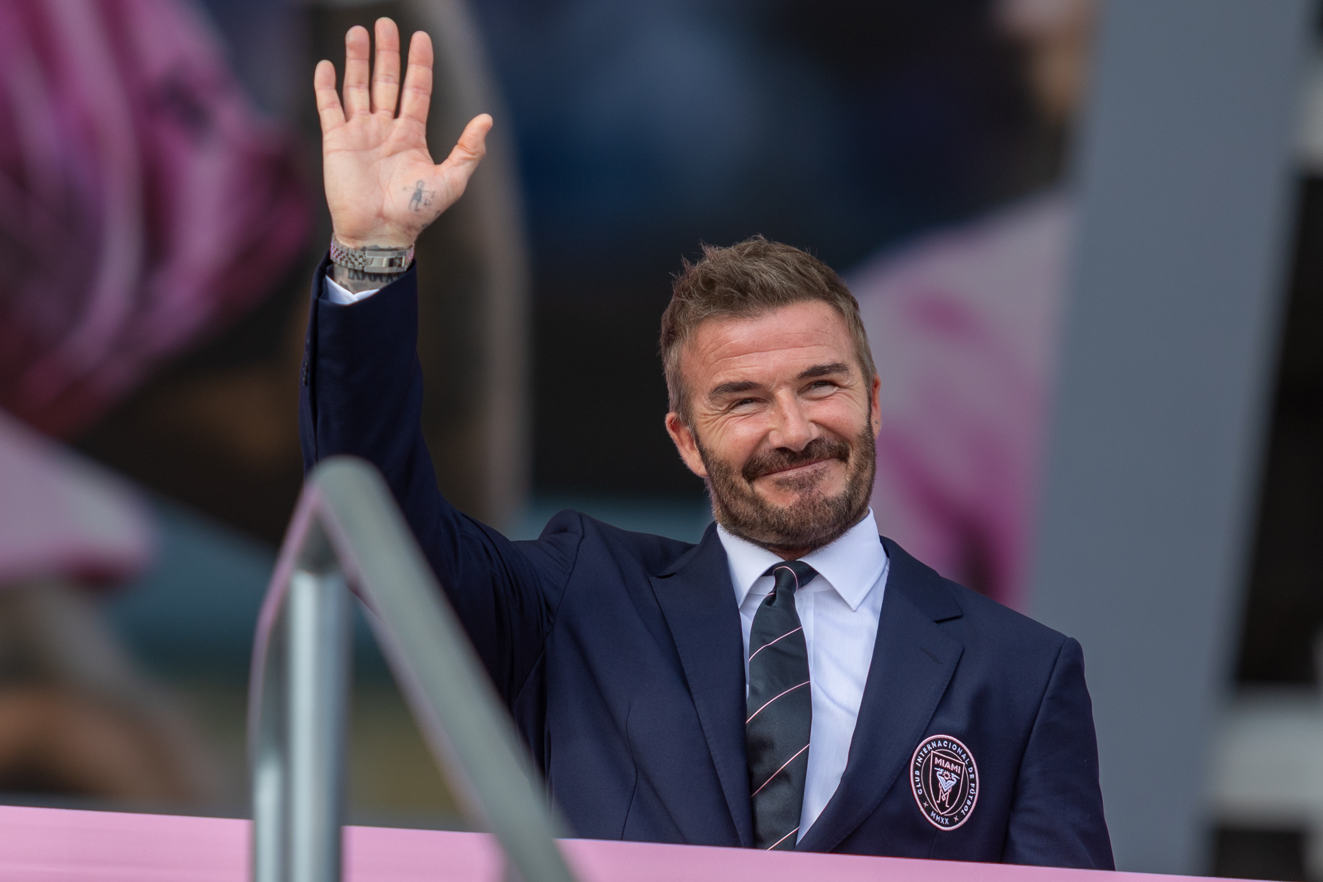 David Beckham, co-owner of Inter Miami CF, waves to the crowd before a match between Inter Miami CF and Austin FC at Nu Stadium on 4 April 2026 in Miami, Florida. | Source: Getty Images