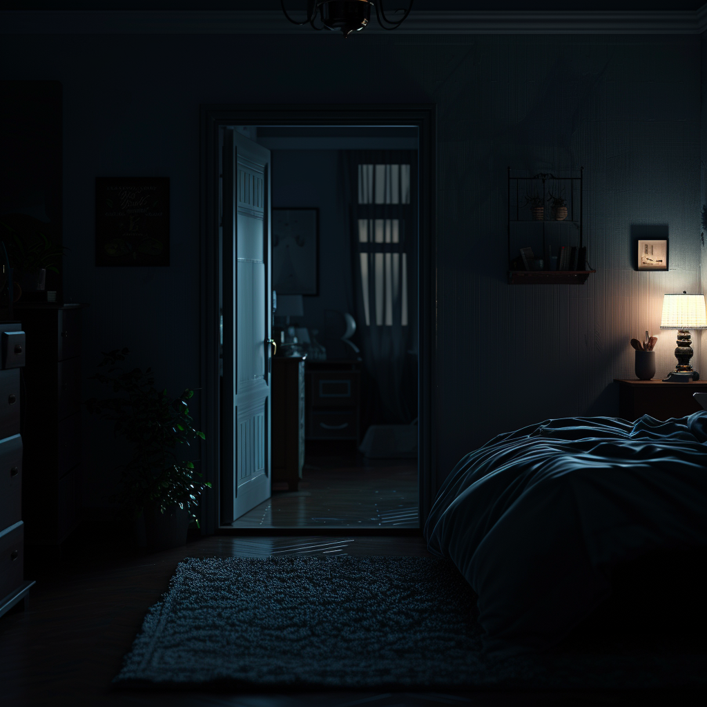 A dark bedroom at night | Source: Midjourney