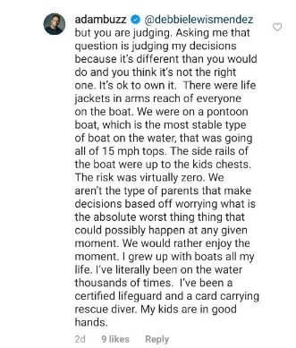 Adam Busby's reply to a fan's comment on why he did not wear life jackets for his kids | Photo: Instagram/adambuzz