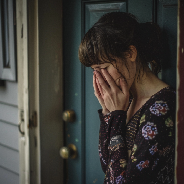 A woman crying while standing at the doorstep | Source: Midjourney