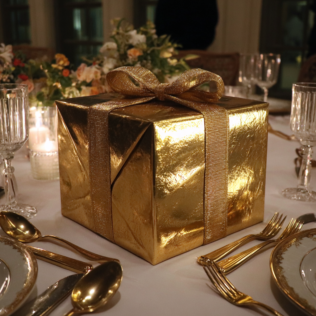 A gold-wrapped box on a table | Source: Midjourney