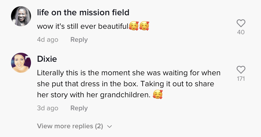 Netizens left heartwarming comments on TikToker's emotional video clip showcasing her grandma's wedding gown. | Photo: tiktok.com/_darth_kater