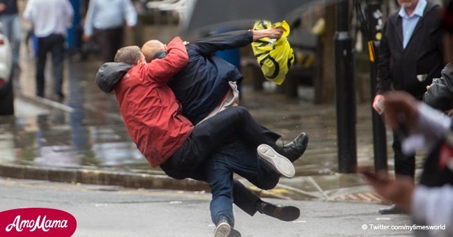 The daring moment thief is rugby-tackled to the ground