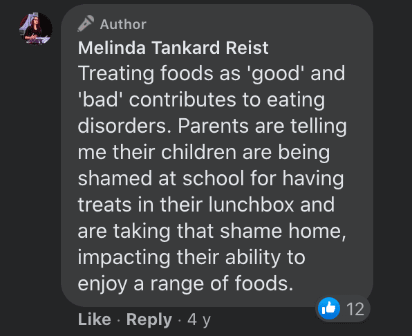 The comment section of a viral post which revealed a teacher criticized the food packed into a student's lunchbox | Facebook/MelindaTankardReist