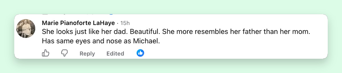 Another fan reached the opposite conclusion, arguing that Carys Douglas inherited more of Michael Douglas' features than those of her mother, Catherine Zeta-Jones. | Source: Facebook/Extra