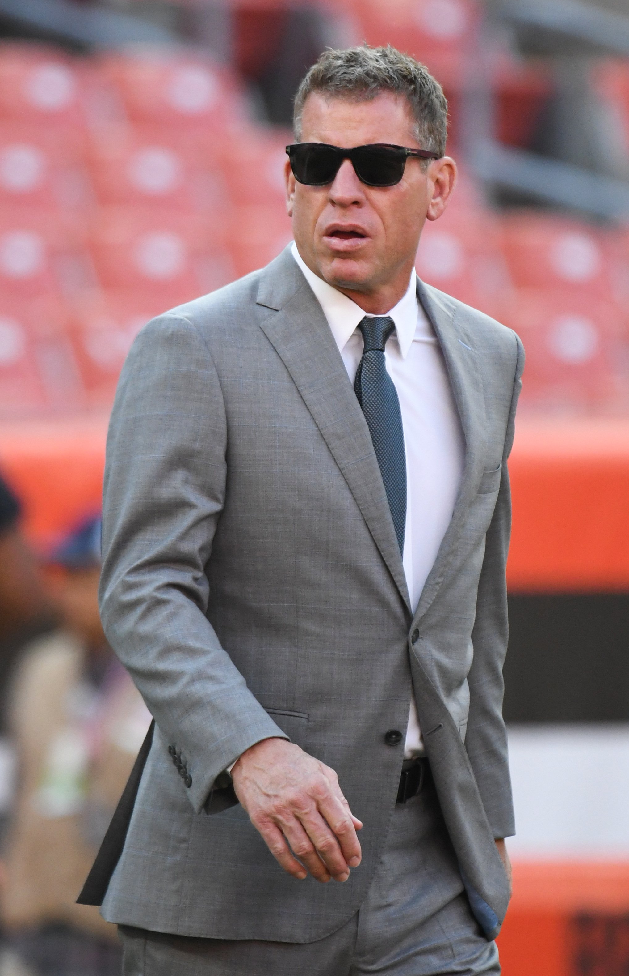 Troy Aikman walks onto the field prior to a pre-season game between the Philadelphia Eagles and Cleveland Browns on August 23, 2018, at FirstEnergy Stadium in Cleveland, Ohio | Source: Getty Images