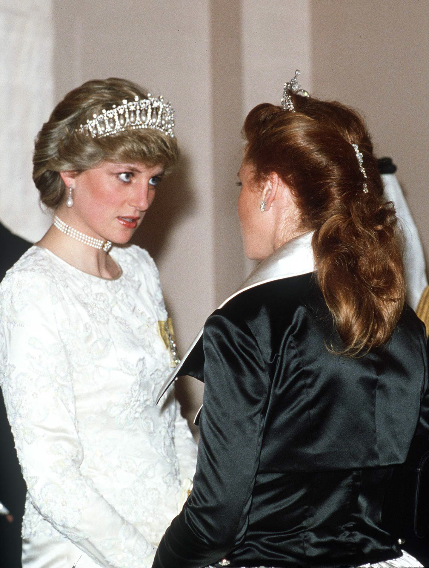 Princess Diana with Sarah, Duchess of York at a Banquet at Claridges Hotel in London. / Source: Getty Images