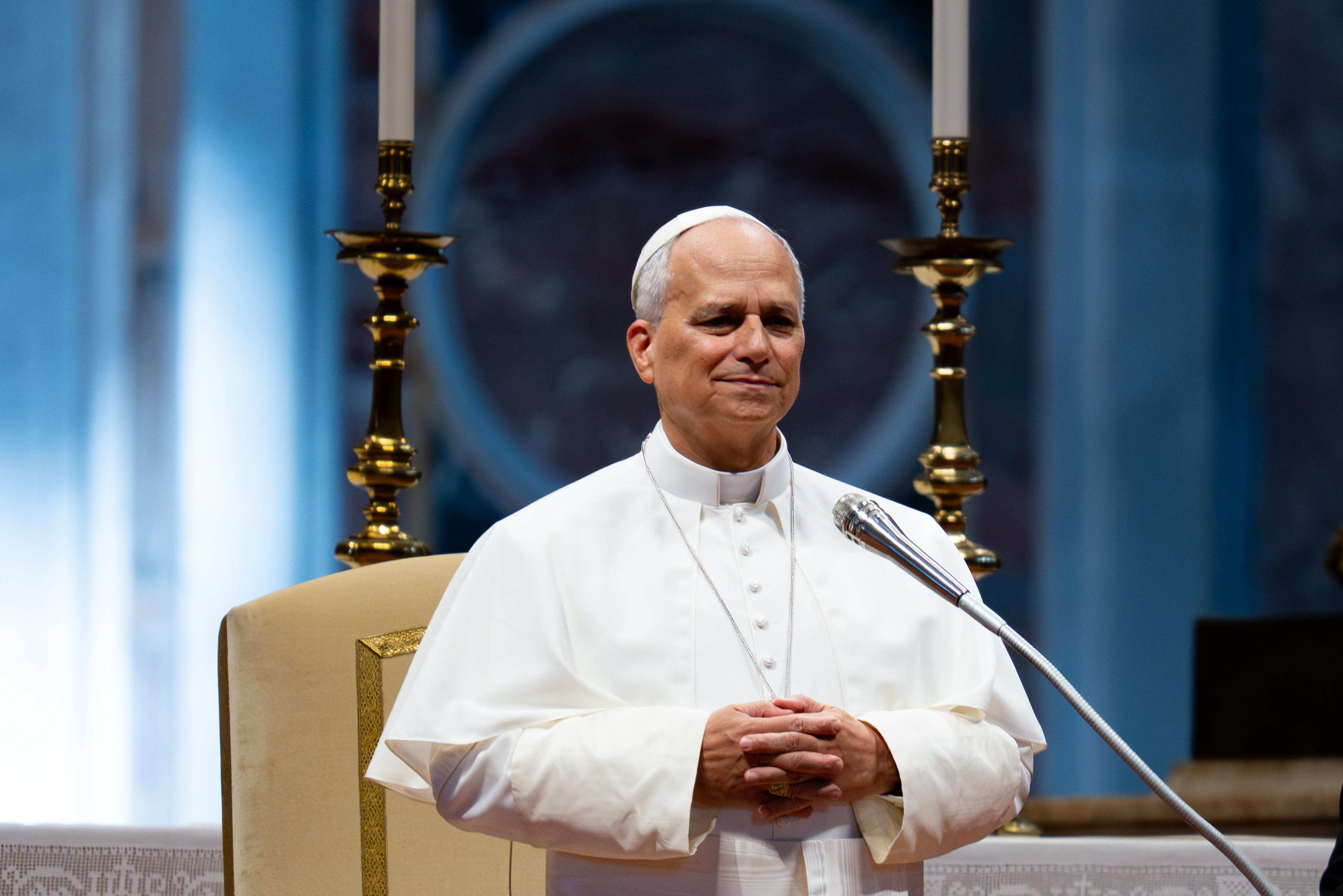 Pope Leo XIV attends his weekly general audience at St. Peter's Basilica in Vatican City on August 5, 2026. His recent encounter with Matthew McConaughey and Camila Alves drew attention online. | Source: Getty Images