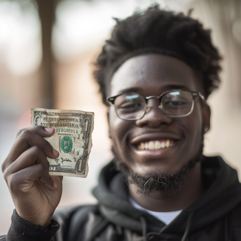 A black man smiling while holding a crumpled one-dollar bill | Source: Midjourney