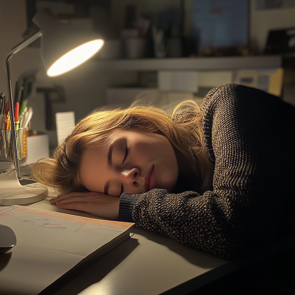 Tired woman sleeping on her office desk | Source: Midjourney