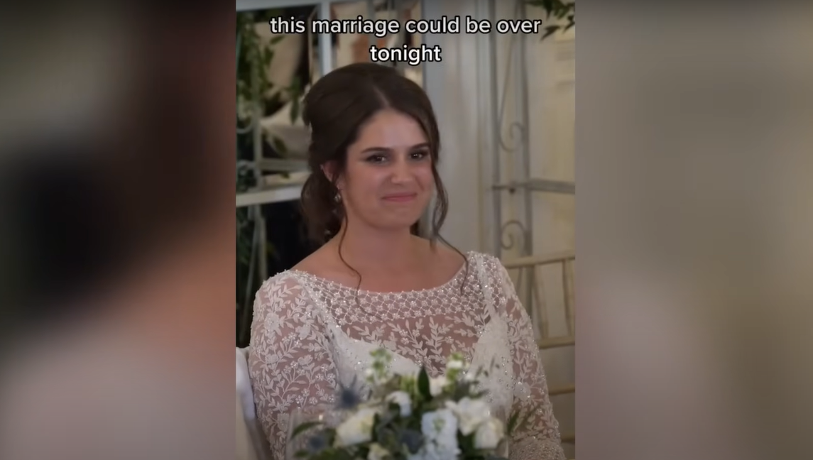 Newlywed bride Katie smiling during her husband's wedding speech | Source: YouTube / Daily Record