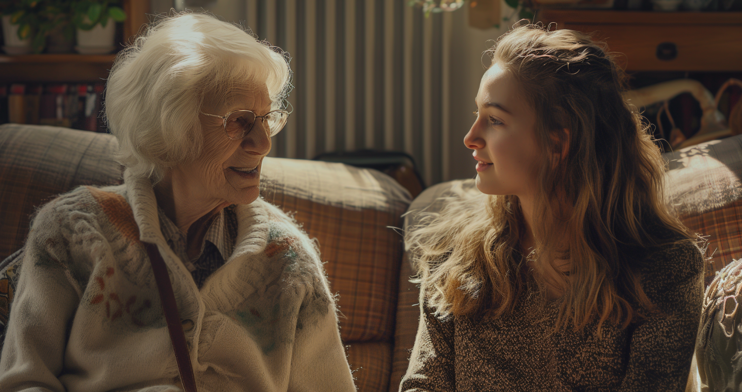 A grandmother and granddaughter chatting at home | Source: Midjourney