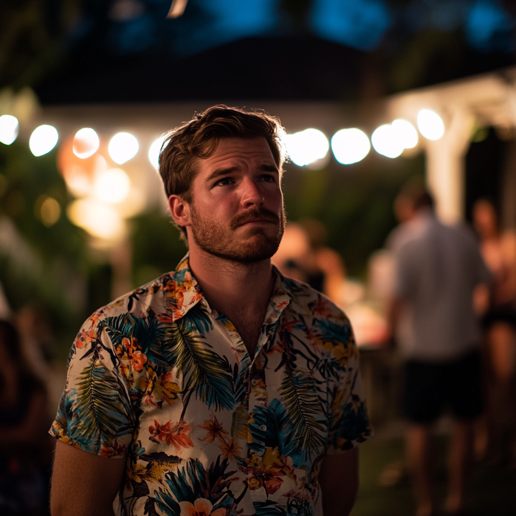 A man looks ashamed while standing at a party | Source: Midjourney