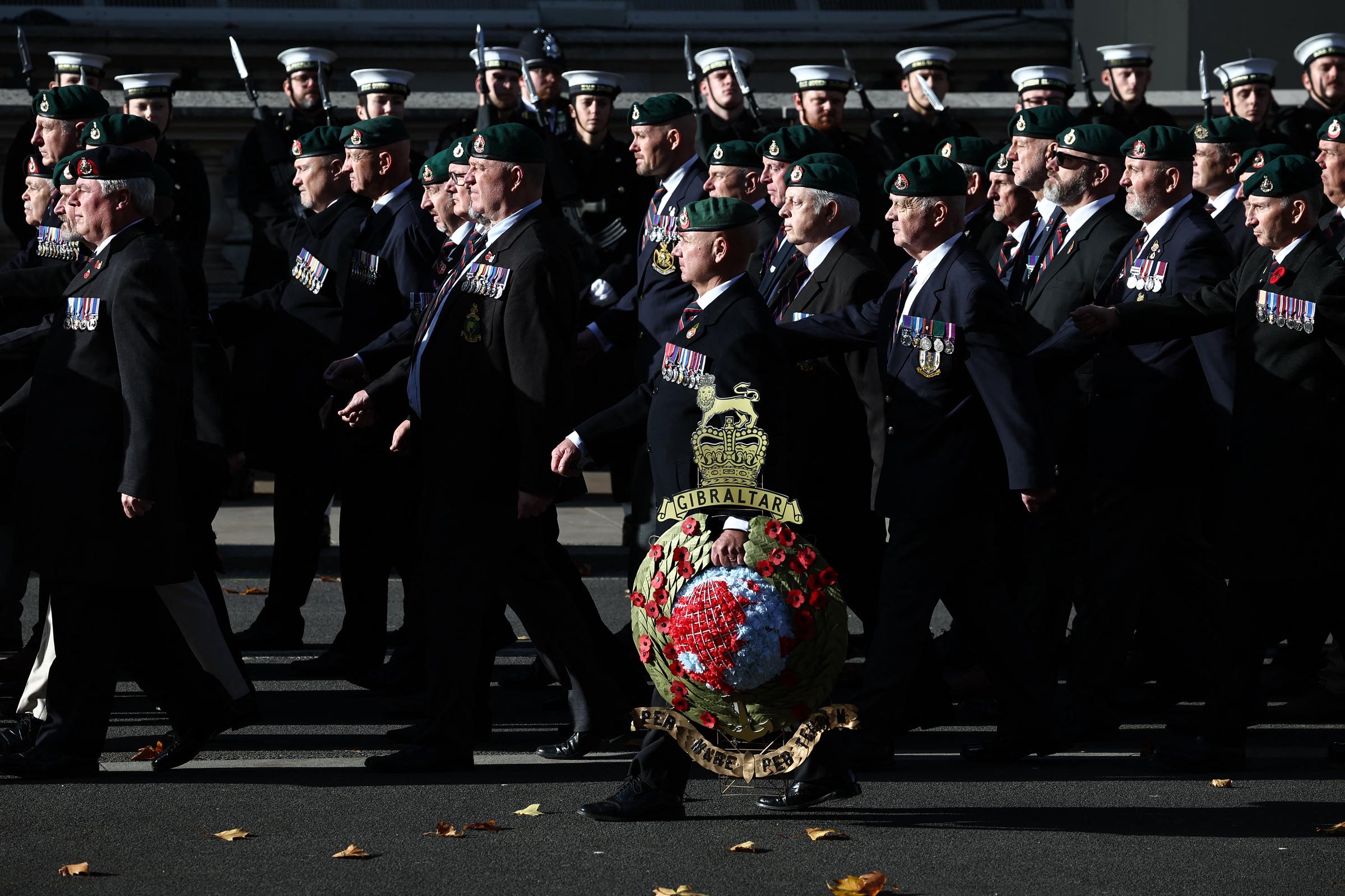 Veterans march past the Cenotaph at the end of the Remembrance Sunday ceremony on Whitehall in central London on November 9, 2025 | Source: Getty Images