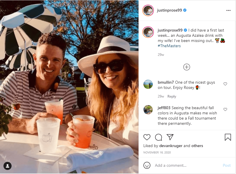 A picture of Justin Rose and his wife Kate Phillips on Instagram | Photo: Instagram/justinprose99
