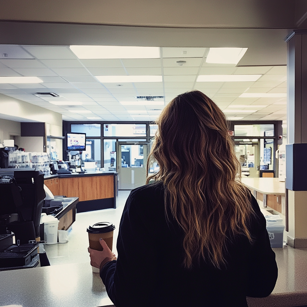 A woman getting coffee in a hospital | Source: Midjourney