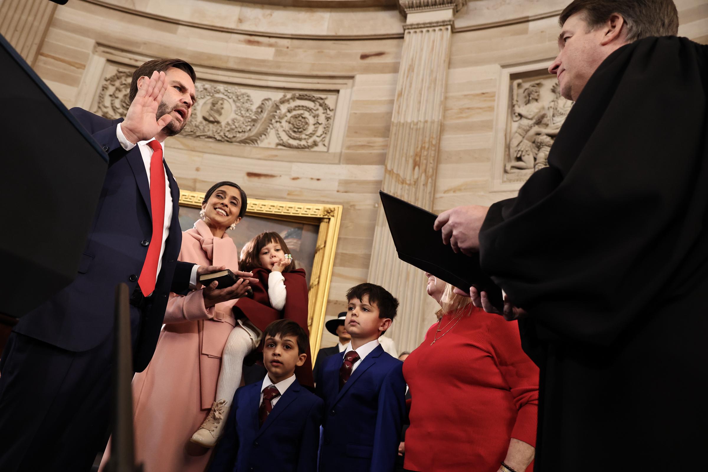 JD Vance being sworn in as the Vice President alongside his wife and Second Lady Usha Vance and their three kids in Washington, DC on January 20, 2025. | Source: Getty Images