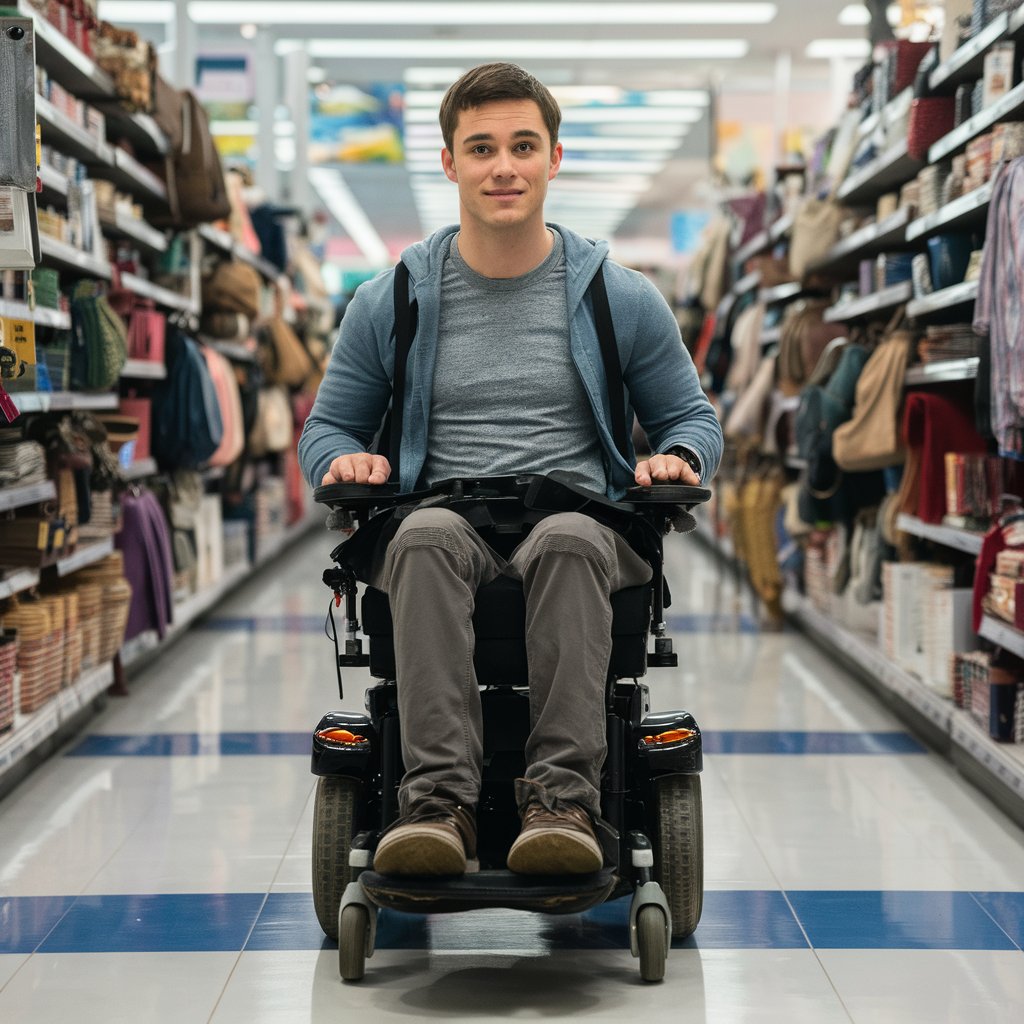 A young man in a wheelchair shopping in a grocery store | Source: Midjourney