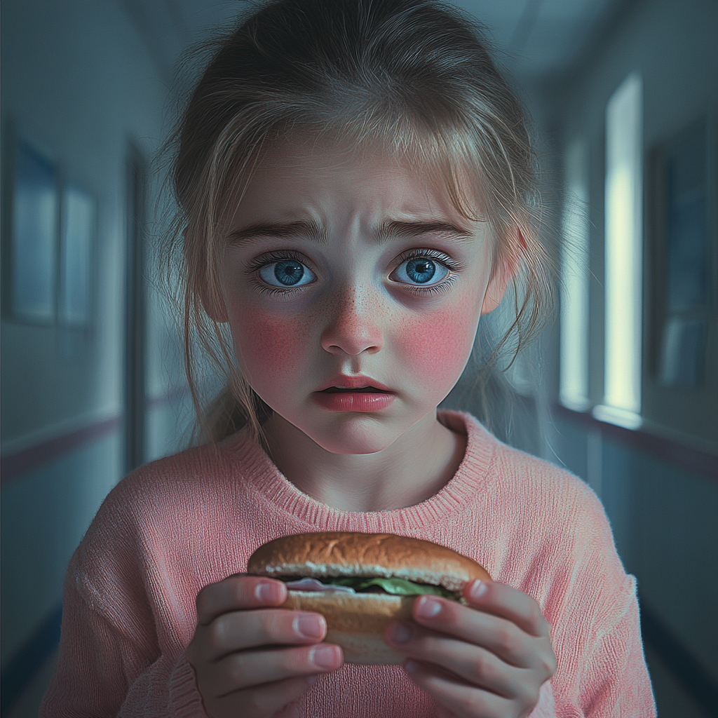 A sad girl holding a sandwich | Source: Midjourney