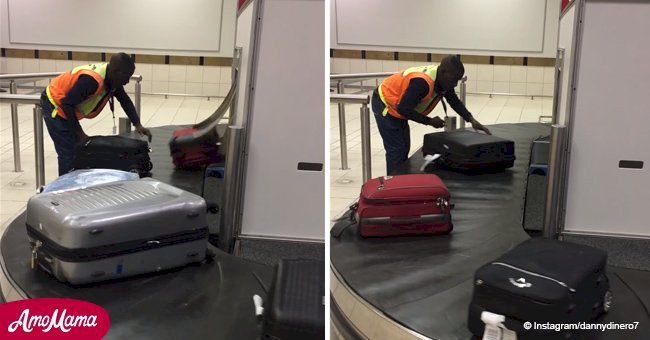 Baggage handler leaves traveler flabbergasted when she sees how he handles the luggage