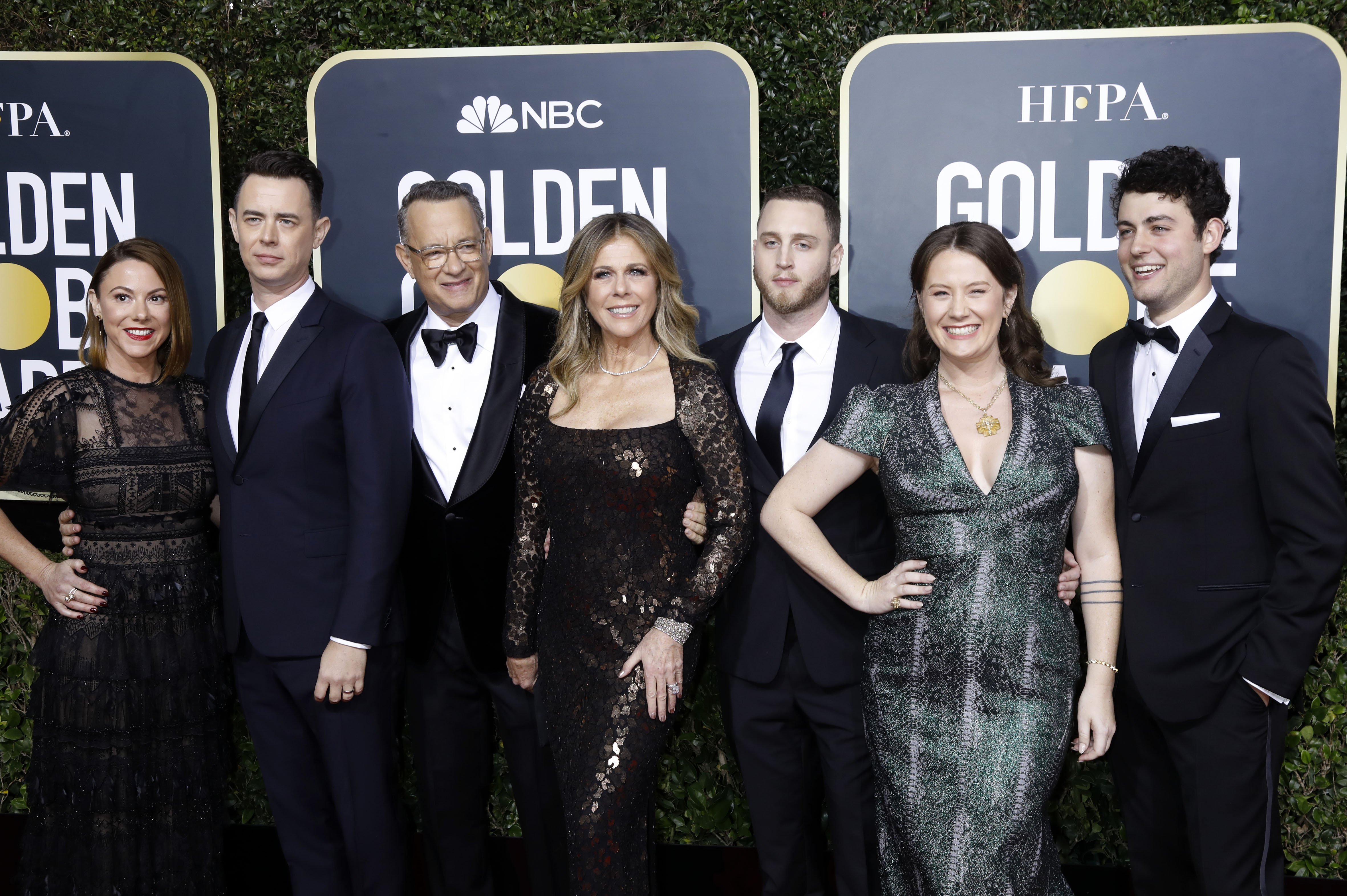 Samantha Bryant, Colin Hanks, Rita Wilson, Tom Hanks, Elizabeth Ann Hanks, Chet Hanks, and Truman Theodore Hanks photographed on the red carpet of the 77th Annual Golden Globe Awards at The Beverly Hilton Hotel on January 05, 2020 in Beverly Hills, California | Source: Getty Images