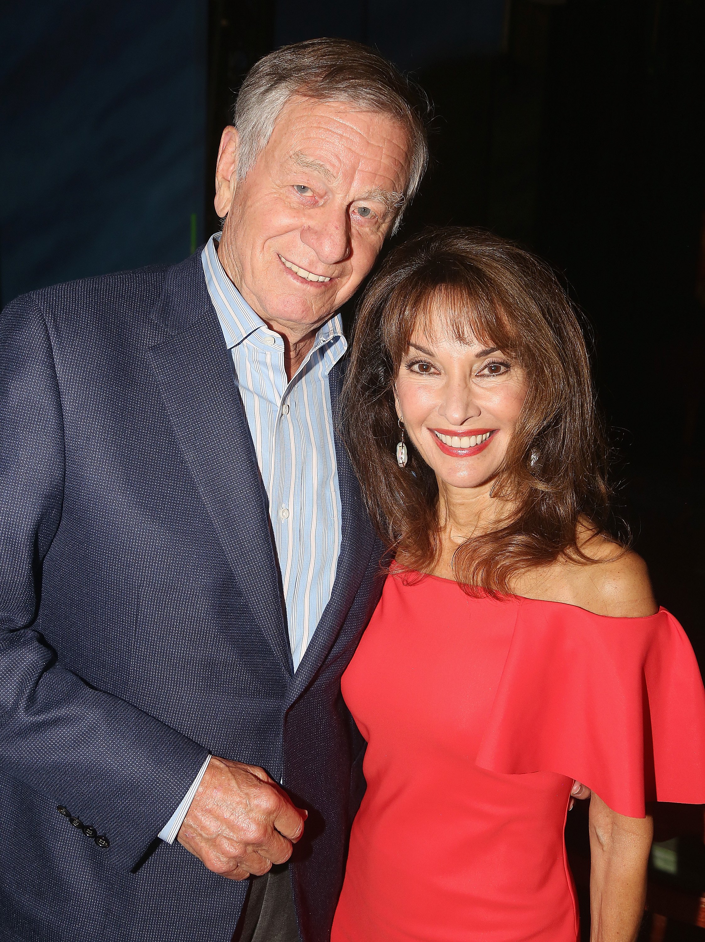 Helmut Huber and his wife Susan Lucci pose backstage at the hit musical "Escape to Margaritaville" on Broadway at The Marquis Theatre on April 29, 2018, in New York City. | Source: Getty Images