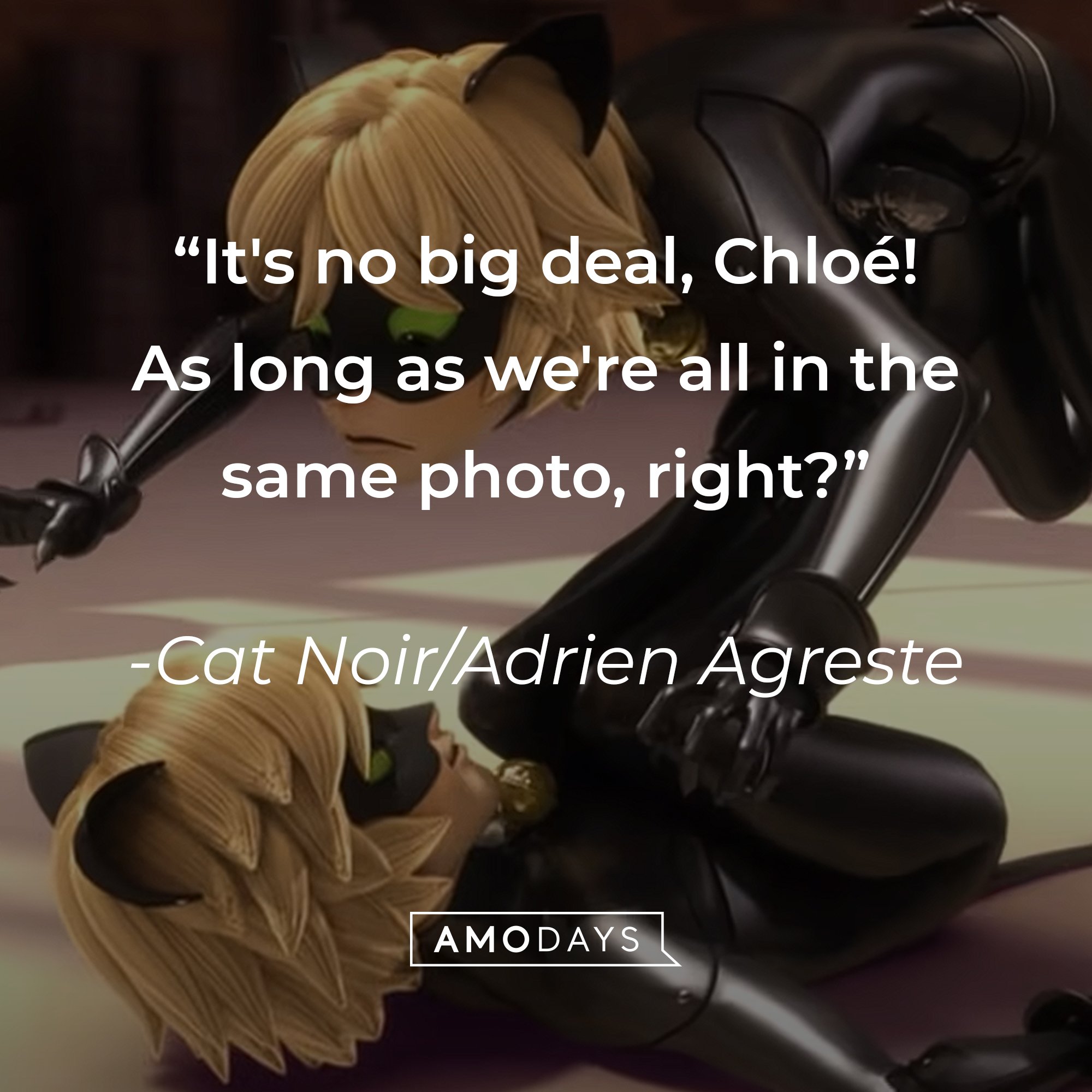 Cat Noir/Adrien Agreste’s quote: "It's no big deal, Chloé! As long as we're all in the same photo, right?” | Image: AmoDays 