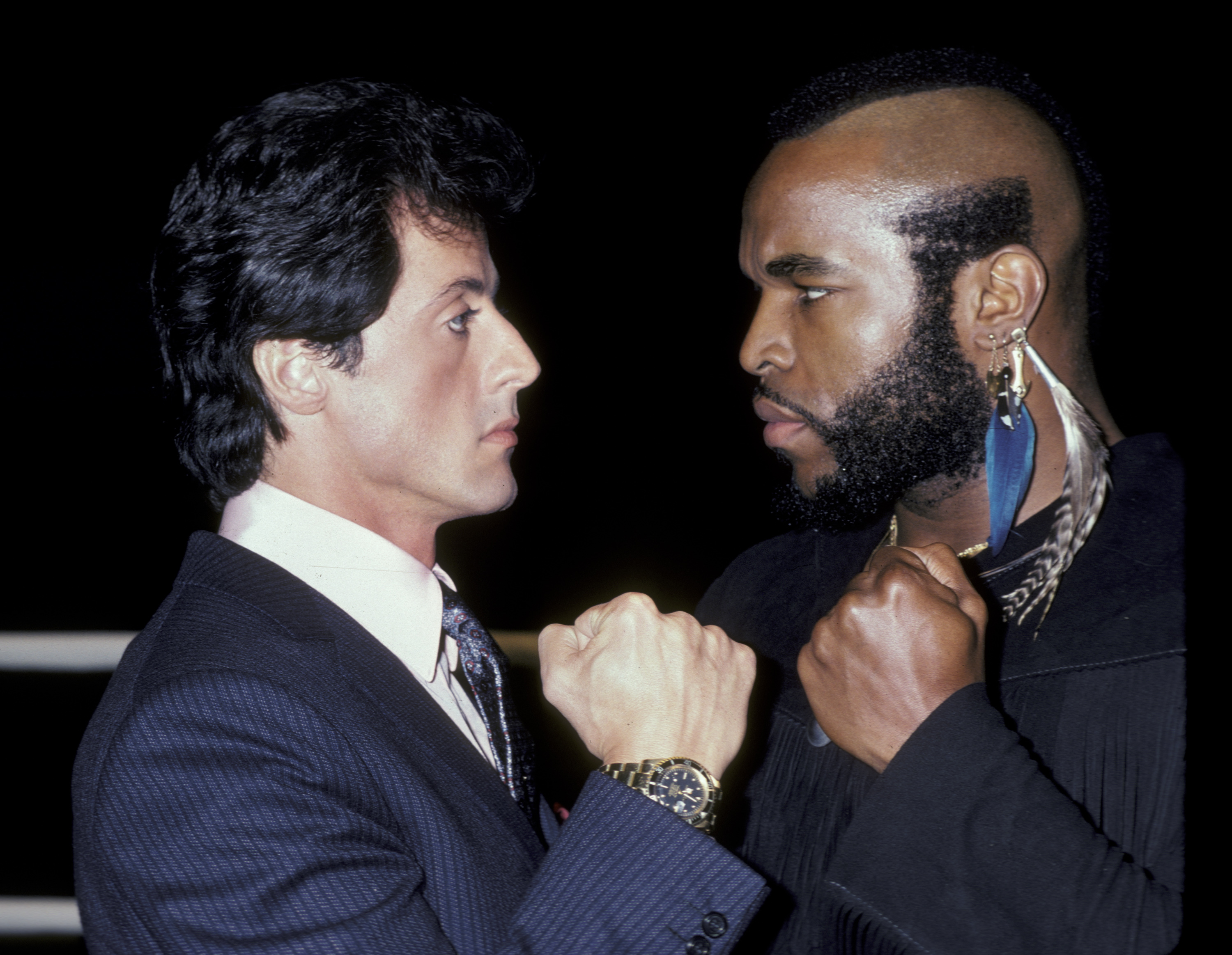 Mr. T. and Sylvester Stallone at the LA Press Conference for 'Rocky III' | Source: Getty Images
