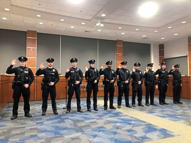 Ryan Kingerski's swearing-in as a Penn Hills police officer (third from the left), from a post dated January 30, 2025 | Source: Facebook/pennhillspab