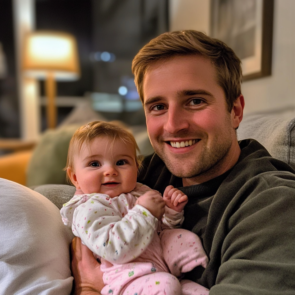 A man sitting on a couch with a baby girl | Source: Midjourney